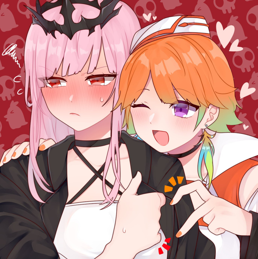 2girls alternate_costume bad_hands blush bow_choker chef_hat earrings feather_earrings feathers gradient_hair hat heart heart_hand_thumb_up_duo heart_hands heart_hands_duo highres hololive hololive_english jewelry mori_calliope multicolored_hair multiple_girls orange_hair orange_headwear smile sweatdrop takanashi_kiara tera_(trs82341711) tiara tsundere virtual_youtuber yuri