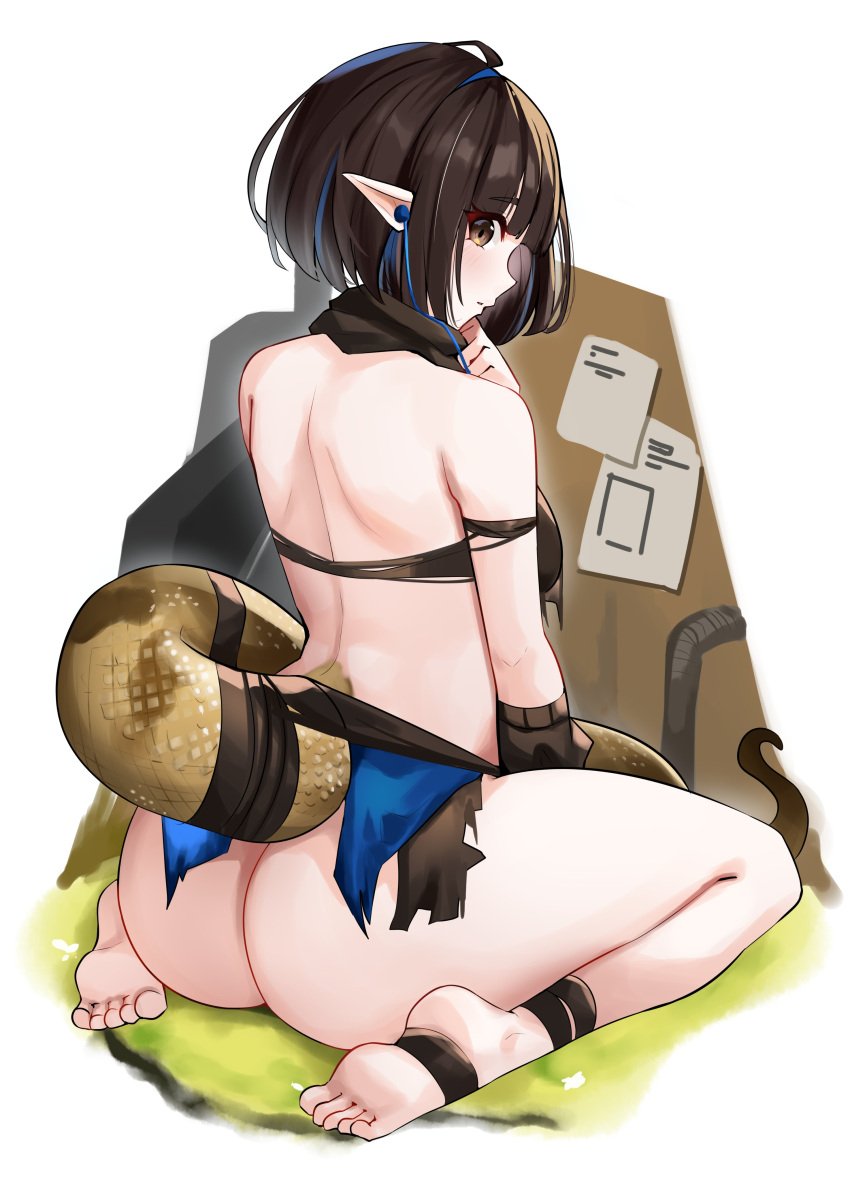 1girl absurdres arknights arm_strap ass bangs barefoot black_hair blue_hair blush breasts brown_eyes cable cromwellb crop_top earphones eunectes_(arknights) eyebrows_visible_through_hair from_behind highres kneeling looking_at_viewer looking_back multicolored_hair on_ground parted_lips pointy_ears profile reptilian revealing_clothes short_hair snake_tail solo streaked_hair tail thigh_strap torn_clothes two-tone_hair