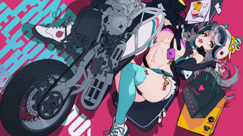 1girl absurdres background_text bag bangs bare_shoulders belly belt blush boots candy character_request crayon_shin-chan food grandia_lee green_legwear ground_vehicle helmet highres holding holding_bag lollipop long_hair looking_at_viewer motor_vehicle motorcycle multicolored multicolored_eyes navel open_mouth paper pink_background silver_hair simple_background sitting socks thighhighs thighs