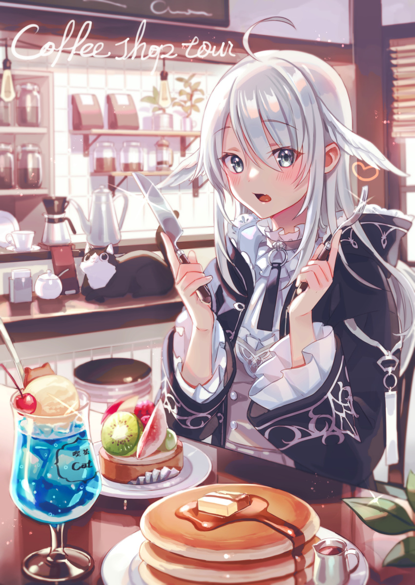 1girl ahoge apple apple_bunny apple_slice black_cat black_jacket black_neckwear blinds blue_eyes blurry blurry_background blush cafe cake cat chair cherry coffee_maker_(object) collar commentary_request cream_soda creamer_(vessel) cup drink drinking_glass english_text eyebrows_visible_through_hair eyes_visible_through_hair fang food fork frilled_shirt frills fruit glint grey_collar grey_hair hair_between_eyes hair_wings hands_up head_wings highres holding holding_fork holding_knife hood hood_down ice ice_cream ice_cream_float ice_cube indoors jacket jar kettle kiwi_slice kiwifruit knife long_hair long_sleeves open_clothes open_jacket open_mouth original pancake pastry peach peach_slice plant plate potted_plant restaurant saucer shelf shiny shiny_hair shirt sitting skin_fang solo sparkle stack_of_pancakes stool sugar_bowl table teacup white_shirt wide_sleeves zoff_(daria)