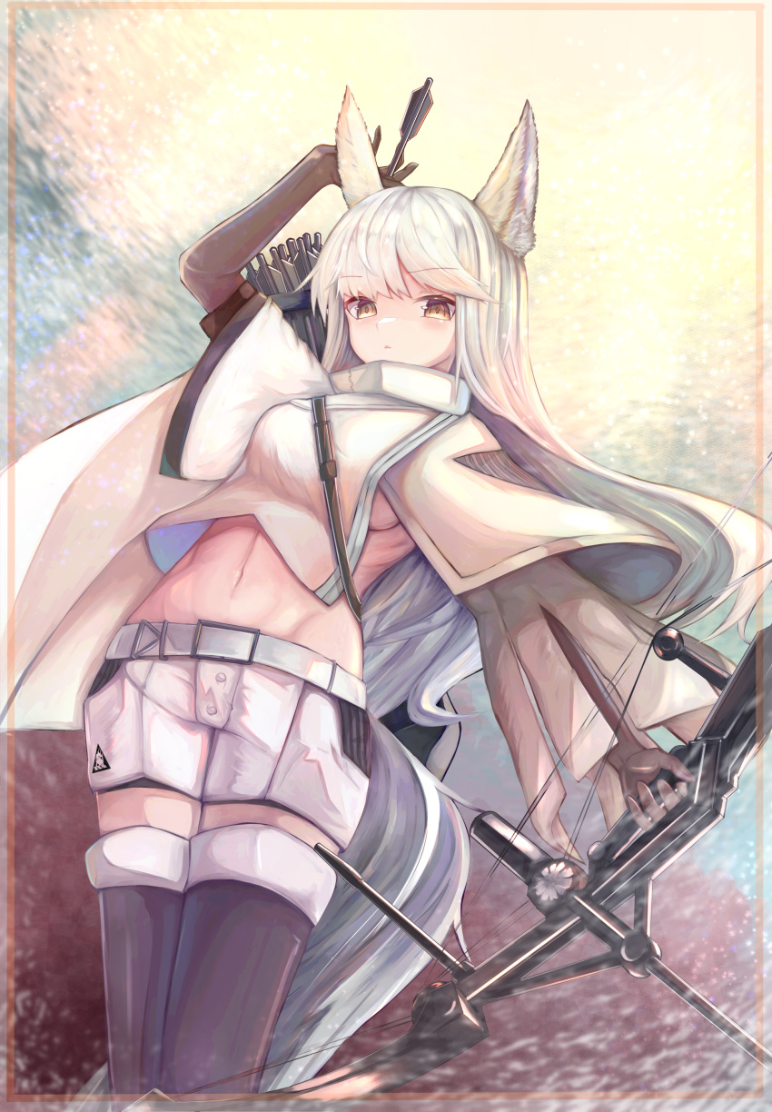 1girl absurdres animal_ears arknights arm_up arrow_(projectile) bangs black_footwear black_gloves boots bow_(weapon) brown_eyes commentary_request cowboy_shot crop_top eyebrows_visible_through_hair gloves groin highres holding holding_bow_(weapon) holding_weapon jacket long_hair long_sleeves looking_at_viewer midriff navel noirl platinum_(arknights) quiver shorts silver_hair solo stomach tail thigh_boots thighhighs weapon white_jacket white_shorts wide_sleeves