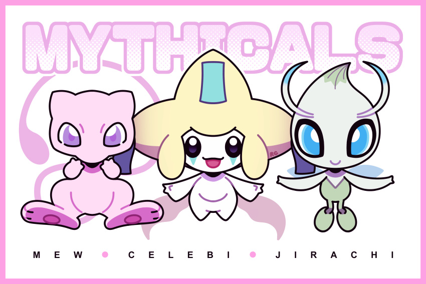 absurdres artsy-rc border celebi character_name closed_mouth commentary english_commentary gen_1_pokemon gen_2_pokemon gen_3_pokemon highres jirachi looking_at_viewer mew mythical_pokemon no_humans pink_border pokemon pokemon_(creature) smile