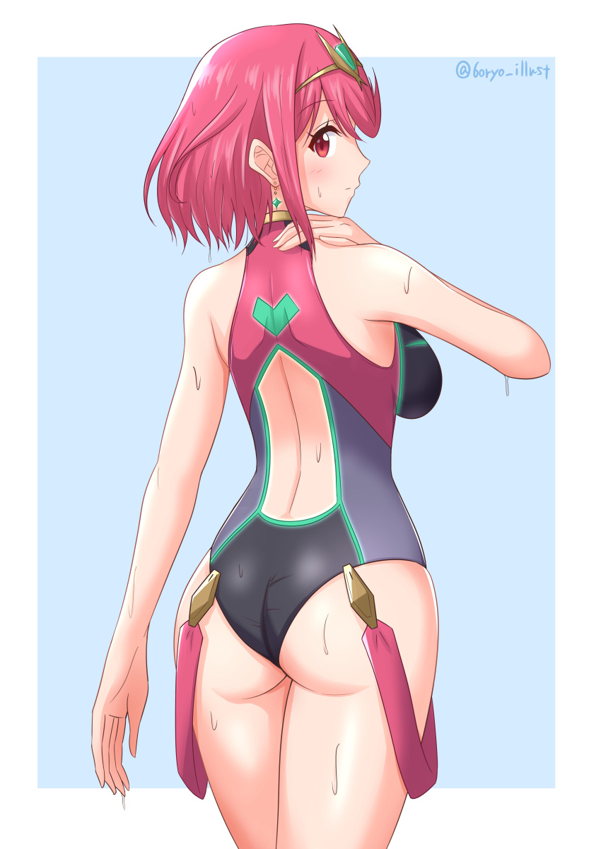 1girl absurdres ass bangs bare_shoulders black_swimsuit breasts closed_mouth commentary commentary_request competition_swimsuit earrings eyebrows_visible_through_hair frown hand_on_back headpiece highres jewelry large_breasts looking_at_viewer one-piece_swimsuit outside_border pyra_(pro_swimmer)_(xenoblade) pyra_(xenoblade) red_eyes red_hair red_swimsuit ryochan96154 short_hair solo swimsuit thighs tiara two-tone_swimsuit wet xenoblade_chronicles_(series) xenoblade_chronicles_2