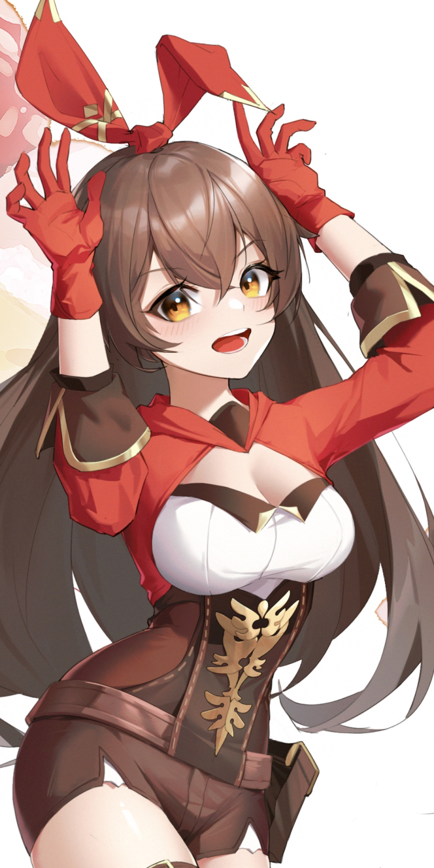 1girl amber_(genshin_impact) bangs breasts brown_corset brown_eyes brown_hair brown_shorts bunny_pose cleavage cleavage_cutout clothing_cutout enoch_(enoch1368) eyebrows_visible_through_hair genshin_impact gloves hair_between_eyes hair_ribbon highres long_hair looking_at_viewer medium_breasts open_hands open_mouth red_gloves red_ribbon ribbon shorts solo white_background