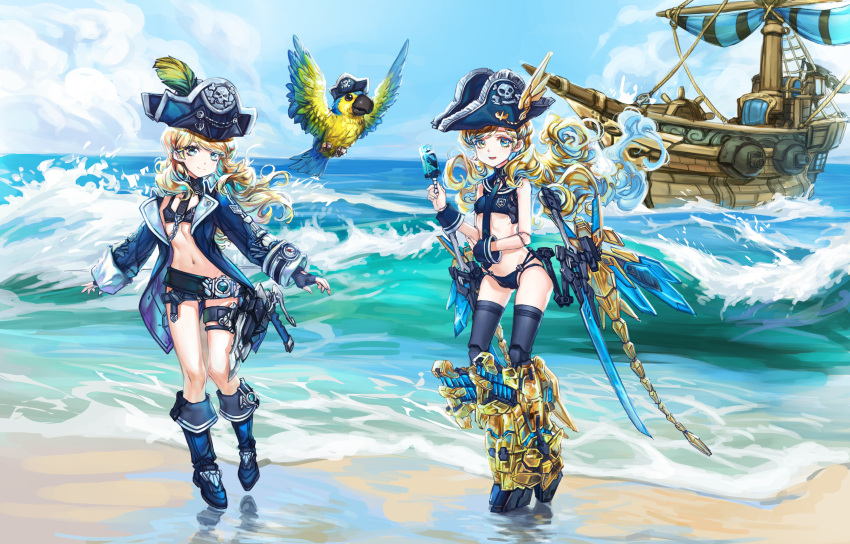 2girls absurdres bangs beach bikini bird black_bikini blue_bikini blue_hair blue_jacket breasts covered_nipples floating_hair greatwhite1122 gundam gundam_narrative hair_behind_ear hat highres jacket leaning_to_the_side long_hair looking_at_viewer mecha_musume midriff multicolored_hair multiple_girls navel ocean open_hands parrot personification pirate_hat pirate_ship rita_bernal small_breasts smile streaked_hair swimsuit thighhighs unicorn_gundam_phenex waves