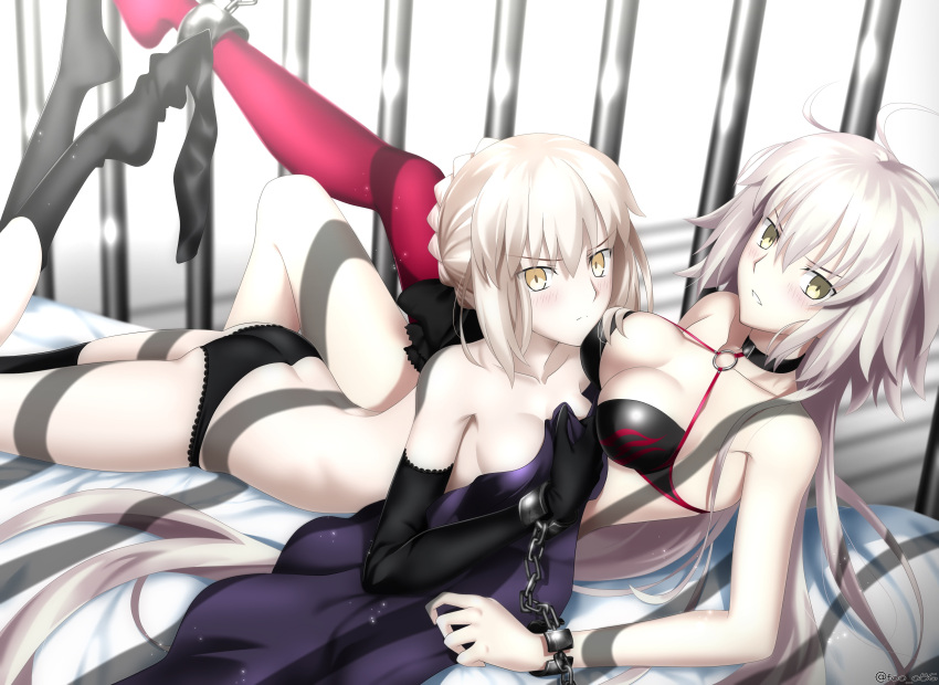 2girls absurdres ahoge artoria_pendragon_(alter_swimsuit_rider)_(fate) artoria_pendragon_(fate) ass bangs bare_shoulders bikini black_bikini black_gloves black_legwear black_panties blonde_hair blue_dress blush braid breasts choker cleavage dress dress_removed fate/grand_order fate_(series) foo_(pixiv54892036) french_braid gloves hair_bun highres jeanne_d'arc_(alter_swimsuit_berserker)_(fate) jeanne_d'arc_(fate)_(all) large_breasts long_hair looking_at_viewer lying medium_breasts multiple_girls o-ring o-ring_bikini on_stomach panties red_legwear sidelocks silver_hair single_thighhigh swimsuit thighhighs thighs underwear very_long_hair yellow_eyes