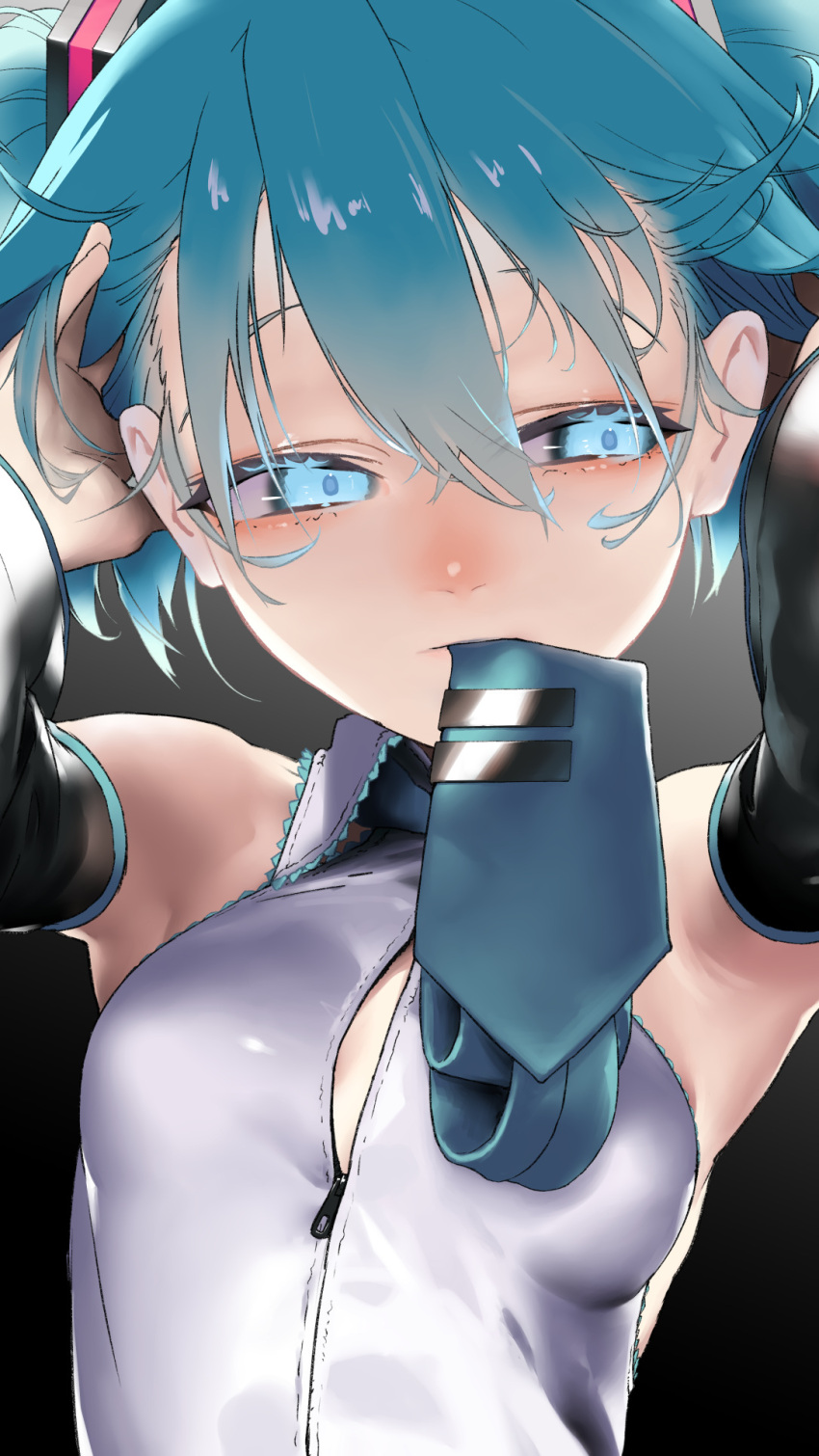 1girl adjusting_hair aqua_eyes armpits bangs bare_shoulders blue_eyes blue_hair blush breasts colored_eyelashes detached_sleeves eyebrows glowing glowing_eyes hair_between_eyes hair_ornament half-closed_eyes hand_in_hair hatsune_miku highres long_hair looking_away necktie necktie_in_mouth nose_blush rsk_(tbhono) shirt sleeveless sleeveless_shirt small_breasts solo twintails unzipped upper_body vocaloid