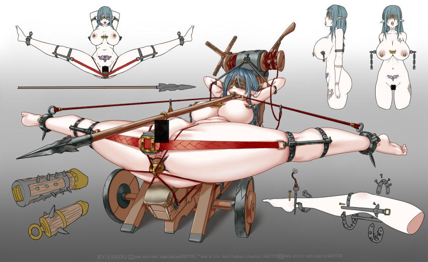 1girl anal anal_object_insertion artist_name ballista barefoot bdsm blindfold blue_hair breast_torture breasts chinese_commentary completely_nude diagram dildo double_penetration elf female_pubic_hair forniphilia full_body guro highres human_furniture large_breasts long_hair multiple_views nipple_piercing nipples nude object_insertion original piercing pixiv_id pointy_ears pubic_hair pubic_tattoo restrained sex_toy siege_engine spiked_dildo stomach_bulge tattoo torture vaginal vaginal_object_insertion watermark web_address yakou_(4507770)