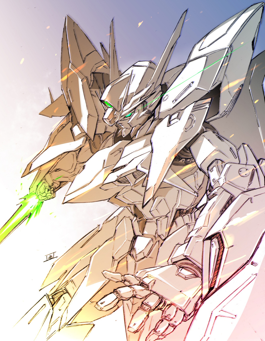 absurdres arm_blade clenched_hand eclipse_gundam energy_blade green_eyes gundam gundam_seed gundam_seed_eclipse highres matutoya mecha mobile_suit no_humans open_hand science_fiction solo v-fin weapon