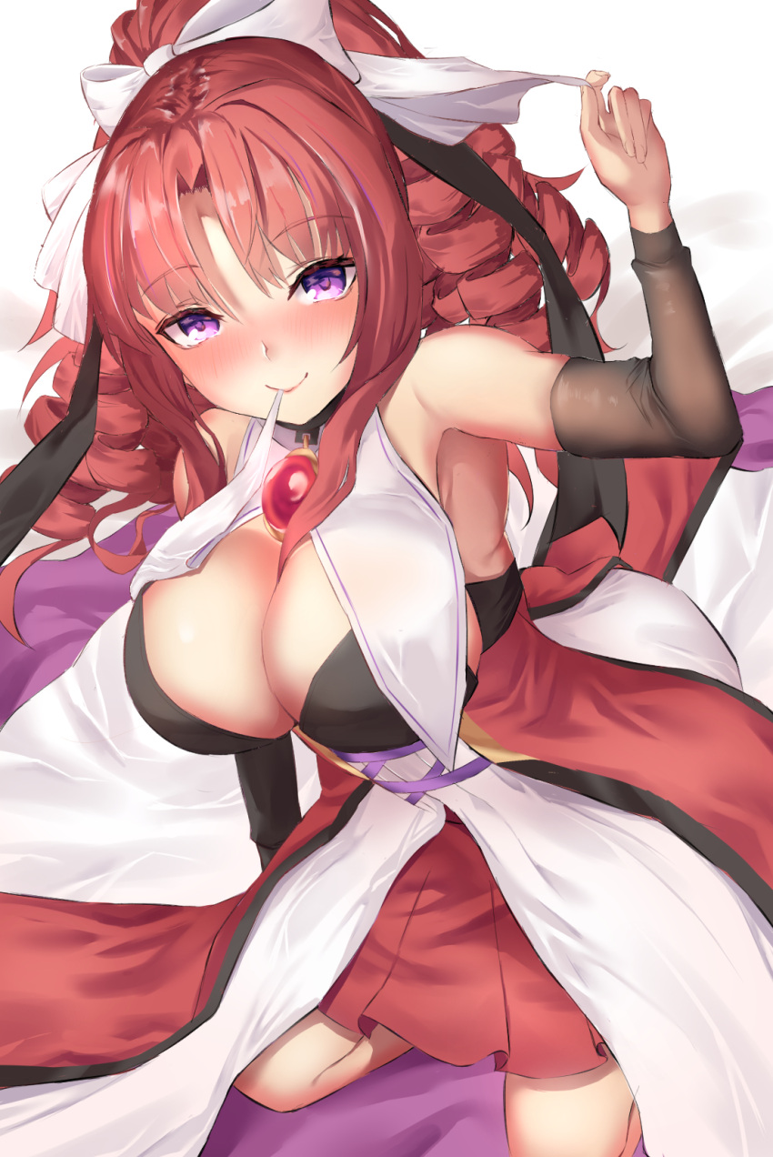 1girl akino_(princess_connect!) armpits bangs bare_shoulders biting biting_clothes blush breasts cleavage closed_mouth detached_sleeves dress drill_hair eyebrows_visible_through_hair highres jewelry kneeling large_breasts long_hair mizuha_(pixiv56938668) ponytail princess_connect! purple_eyes red_hair smile solo