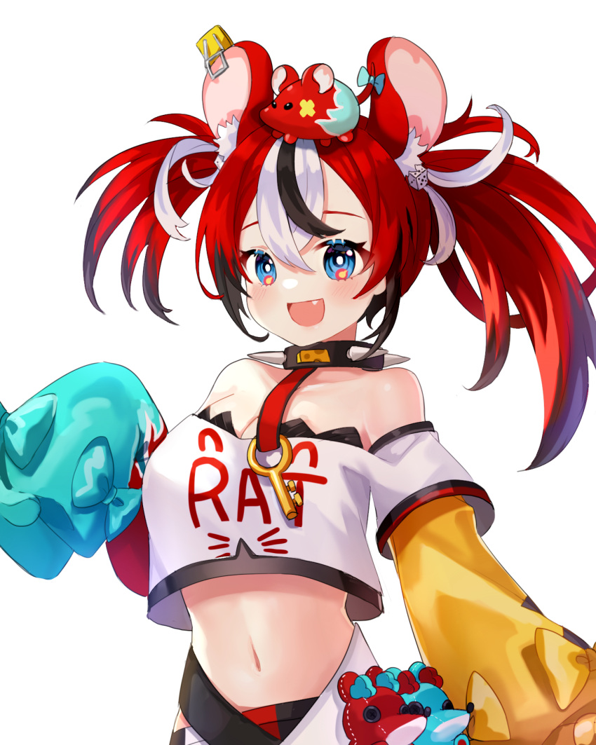 1girl :d animal_ears animal_on_head bangs bare_shoulders belt blue_eyes blunt_bangs breasts cleavage collar collarbone commentary_request detached_sleeves fang hakos_baelz highres hololive hololive_english key long_hair long_sleeves looking_at_viewer midriff miyako_draw mouse mouse_ears mr._squeaks_(hakos_baelz) multicolored_hair navel on_head open_mouth red_hair short_sleeves sidelocks simple_background sleeves_past_wrists smile solo streaked_hair stuffed_animal stuffed_mouse stuffed_toy twintails wide_sleeves