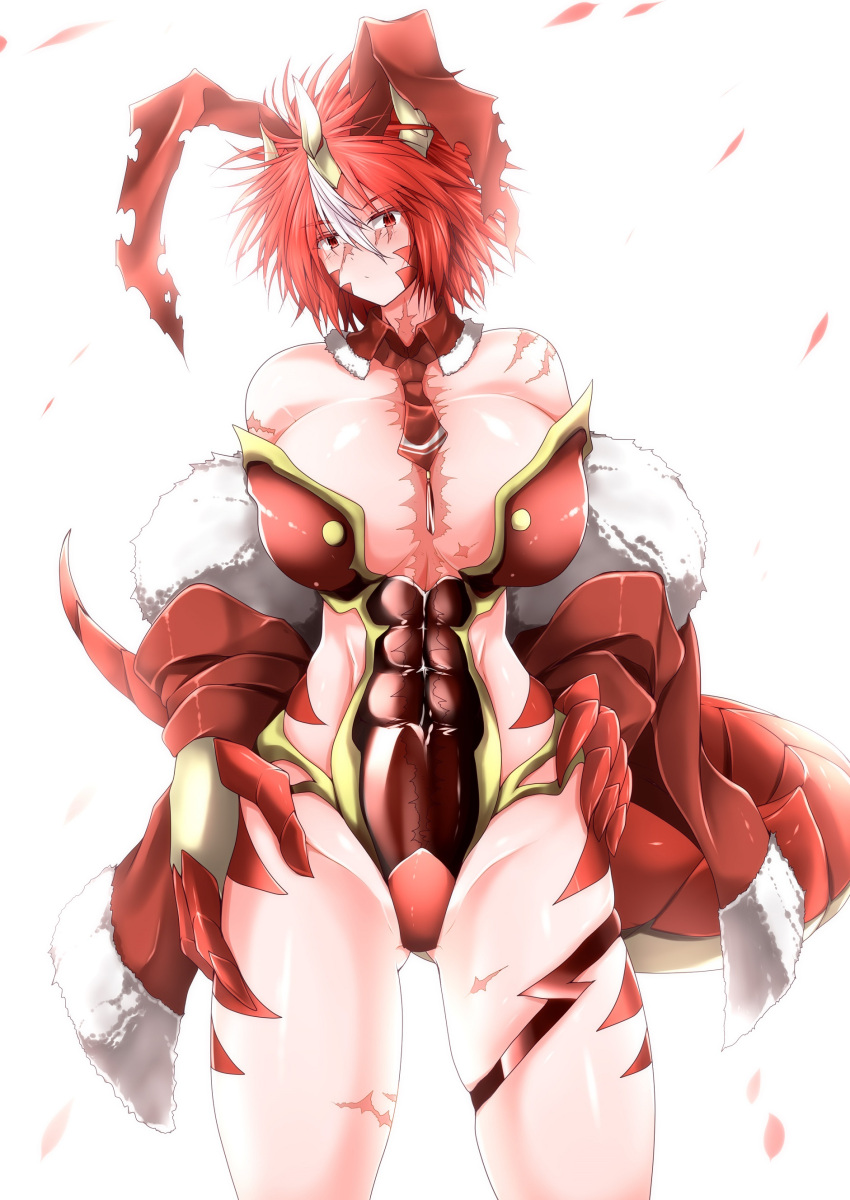 1girl abs absurdres animal_ears bangs bare_legs bare_shoulders breasts claws closed_mouth dein_(g_(genesis1556)) detached_sleeves dragon_girl dragon_horns dragon_tail eyebrows_visible_through_hair g_(genesis1556) groin hair_between_eyes hand_on_hip highres horns huge_breasts leotard looking_at_viewer monster_girl multicolored_hair necktie original playboy_bunny rabbit_ears red_eyes red_hair red_leotard red_neckwear scar scar_across_eye short_hair simple_background solo standing streaked_hair tail torn_clothes two-tone_hair white_background