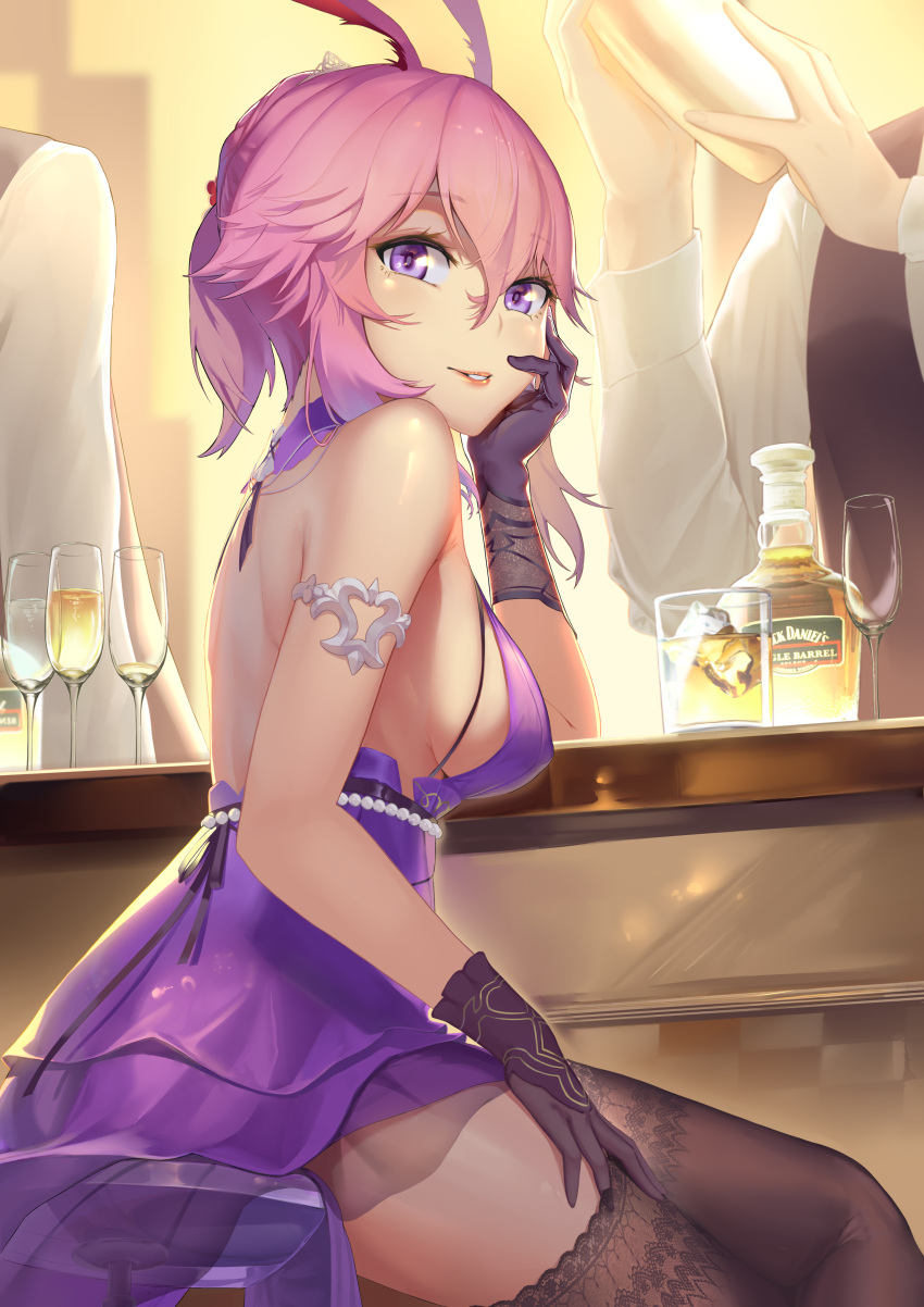 1girl absurdres alcohol animal_ears armlet bangs bar bare_arms bottle breasts brown_gloves brown_legwear cup dress drinking_glass eyebrows_visible_through_hair from_side gloves hair_between_eyes hand_on_own_cheek hand_on_own_face hand_on_own_thigh hand_up highres honkai_(series) honkai_impact_3rd jack_daniel's jliaan long_hair looking_at_viewer looking_to_the_side medium_breasts out_of_frame parted_lips pink_hair ponytail purple_dress purple_eyes sideboob sleeveless sleeveless_dress solo_focus thighhighs whiskey yae_sakura yae_sakura_(flame_sakitama)
