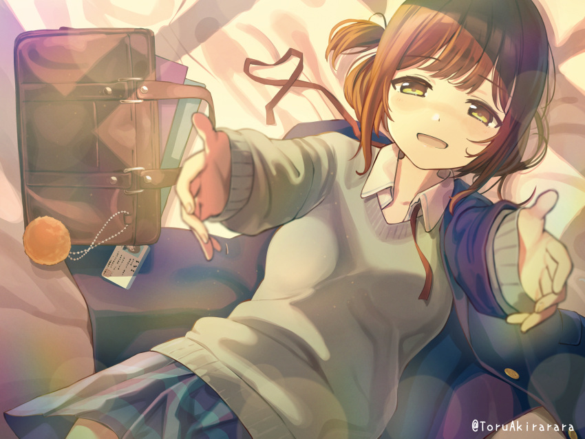1girl akira_tooru artist_name bag bangs blue_jacket blue_skirt blurry blurry_foreground brown_hair brown_sweater collared_shirt commentary_request depth_of_field eyebrows_visible_through_hair highres id_card jacket jacket_removed long_sleeves lying miniskirt on_back on_bed open_mouth original outstretched_arms red_ribbon ribbon school_bag school_uniform shirt short_hair skirt sleeves_past_wrists smile solo sweater undone_neck_ribbon white_shirt yellow_eyes