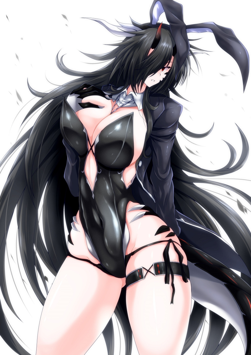 1girl animal_ears bangs bare_legs between_breasts black_hair black_leotard breasts claws cleavage detached_sleeves dragon_girl dragon_horns dragon_tail eyebrows_visible_through_hair g_(genesis1556) hair_over_one_eye hand_on_own_chest highres horns jewelry large_breasts leg_strap leotard long_hair looking_at_viewer mira_(g_(genesis1556)) monster_girl navel open_mouth original pendant playboy_bunny rabbit_ears red_eyes simple_background solo standing tail thighs very_long_hair white_background
