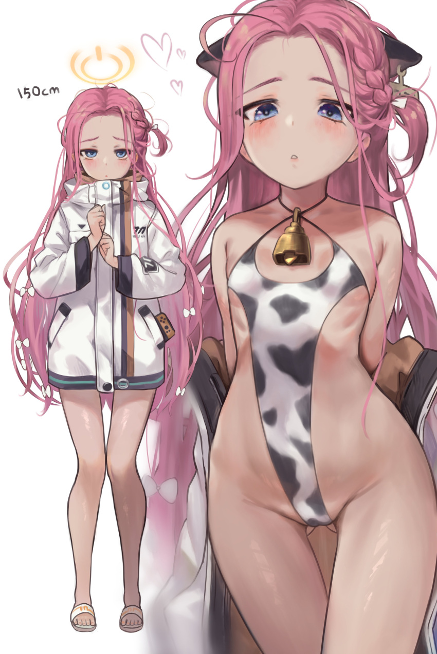 1girl absurdres animal_ears animal_print ass_visible_through_thighs bangs bare_arms bare_shoulders bell blue_archive blue_eyes blush braid cow_ears cow_print cowbell cowboy_shot ear_tag flat_chest forehead full_body game_console halo heart height_chart highres jacket long_hair long_sleeves looking_at_viewer multiple_views nintendo_switch parted_lips pink_hair simple_background standing swimsuit torriet white_background white_jacket yuzu_(blue_archive)