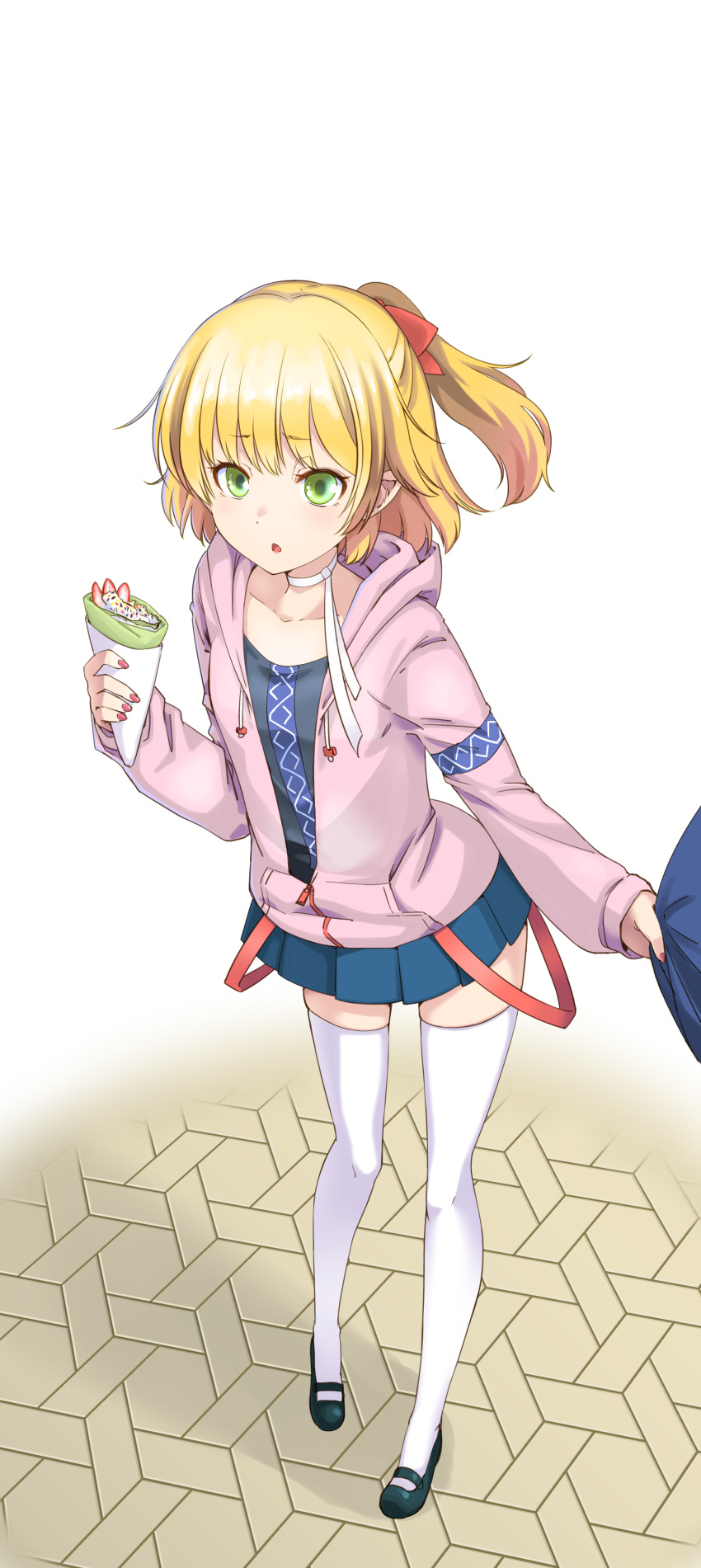 1girl absurdres alternate_costume bangs black_footwear black_shirt blonde_hair blue_skirt blush commentary_request contemporary crepe food full_body green_eyes half_updo highres holding holding_food hood hoodie iwatobi_hiro looking_at_viewer mary_janes miniskirt mizuhashi_parsee open_mouth pink_hoodie pointy_ears pov_dating shirt shoes short_hair short_ponytail skirt sleeve_pull thighhighs touhou white_legwear