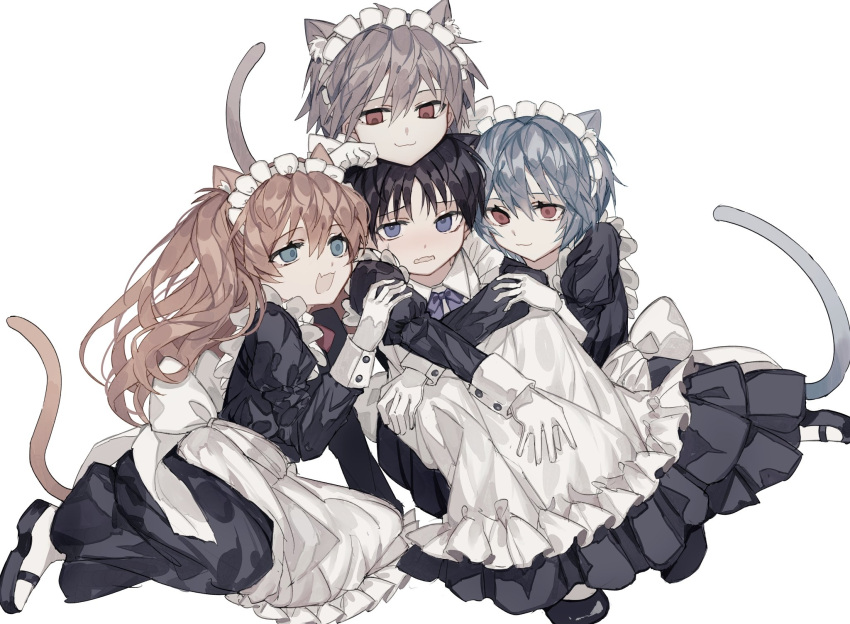 2boys 2girls animal_ears apron ayanami_rei bangs black_dress black_footwear black_hair blue_eyes blue_pupils bow bowtie cat_boy cat_ears cat_girl cat_tail chin_on_head closed_mouth commentary_request crossdressing deep_(deep4946) dress eyebrows_visible_through_hair fang gloves grey_hair hair_between_eyes hand_on_another's_shoulder head_on_head head_rest highres ikari_shinji juliet_sleeves long_hair long_sleeves maid maid_apron maid_headdress multiple_boys multiple_girls nagisa_kaworu neon_genesis_evangelion open_mouth orange_hair out_of_character puffy_sleeves purple_neckwear red_eyes red_pupils short_hair simple_background skin_fang smile souryuu_asuka_langley tail white_apron white_background white_gloves