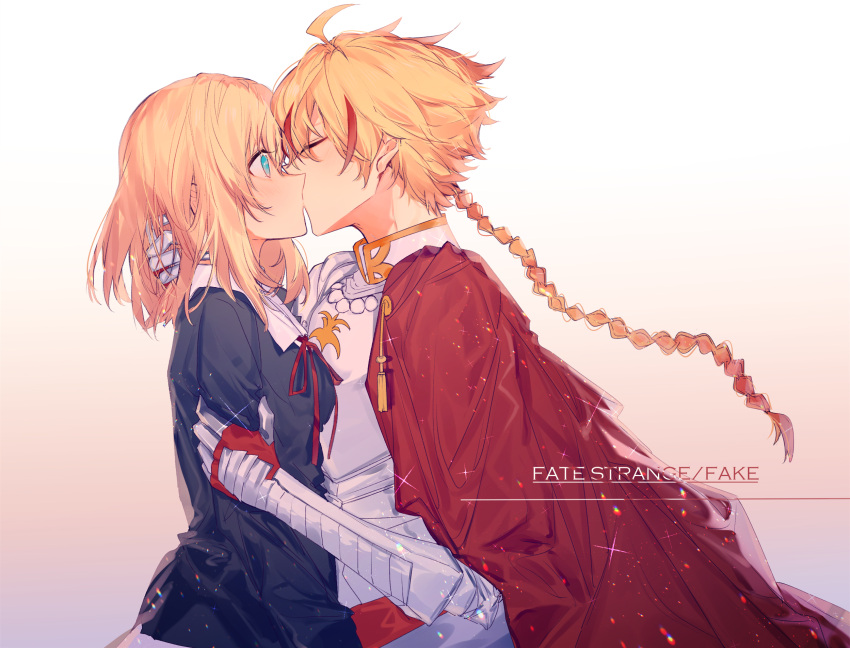 1boy 1girl armor blonde_hair blue_eyes braid breastplate cape closed_eyes copyright_name cowboy_shot fate/strange_fake fate_(series) from_side gauntlets hand_in_another's_hair hetero highres kiss long_braid red_cape richard_i_(fate) sajou_ayaka school_uniform tian_yuannan white_background