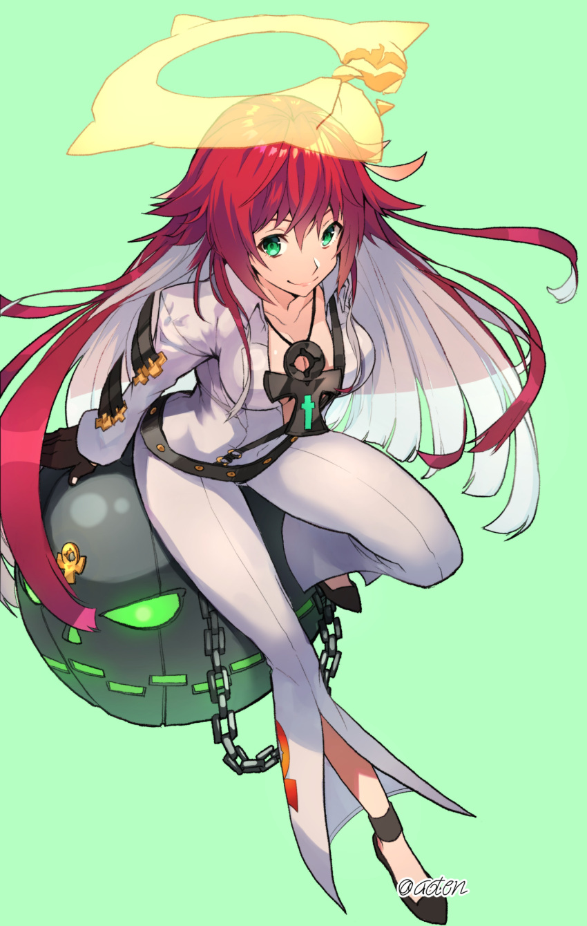 1girl absurdres aoten_(aoiroarekore) ball_and_chain_restraint bangs bellbottoms belt bodysuit breasts cleavage gloves guilty_gear guilty_gear_strive halo highres jack-o'_valentine long_hair long_pants looking_at_viewer loose_belt medium_breasts multicolored_hair pants red_hair smile solo studded_belt two-tone_hair white_bodysuit white_hair