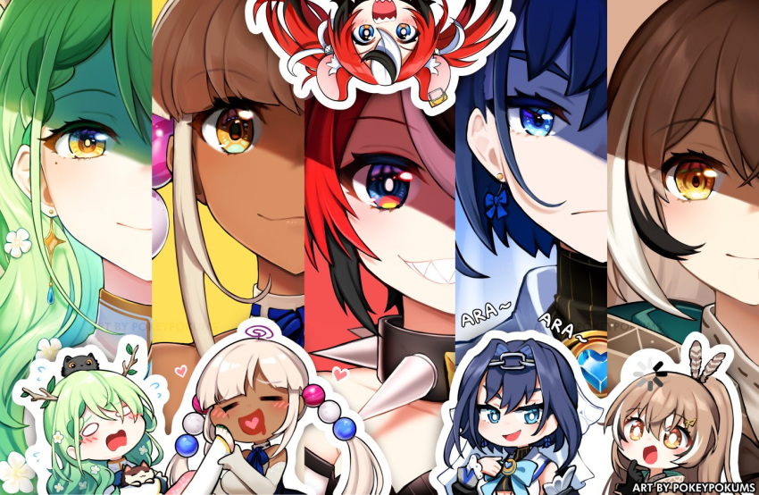 5girls animal_ears animal_on_head antlers ara_ara artist_name asymmetrical_hair bangs black_dress black_gloves black_hair blank_eyes blue_eyes blue_hair blue_neckwear blue_ribbon blunt_bangs blush bow bow_earrings bowtie braid brown_eyes brown_hair buffering cat cat_on_head ceres_fauna chain chibi closed_eyes closed_mouth clover_(ceres_fauna) collar commentary detached_sleeves dice_hair_ornament dress drooling earrings elbow_gloves expressionless eyebrows_visible_through_hair face feather_hair female_pervert flower gloves green_hair grin hair_between_eyes hair_flower hair_ornament hairclip hakos_baelz head_chain headpiece heart heart_in_mouth holding_another's_foot holocouncil hololive hololive_english jewelry long_hair looking_at_viewer mouse_ears mousetrap mouth_drool multicolored_hair multiple_girls multiple_views nanashi_mumei neck_ribbon on_head open_mouth ouro_kronii outline panels pervert planet_hair_ornament pokey ponytail red_hair ribbon saliva shade sharp_teeth short_hair silver_hair smile snail_(ceres_fauna) spiked_collar spikes streaked_hair striped sweatdrop teeth tsukumo_sana twintails upside-down vertical-striped_dress vertical_stripes virtual_youtuber wavy_mouth white_dress white_gloves white_hair yellow_eyes