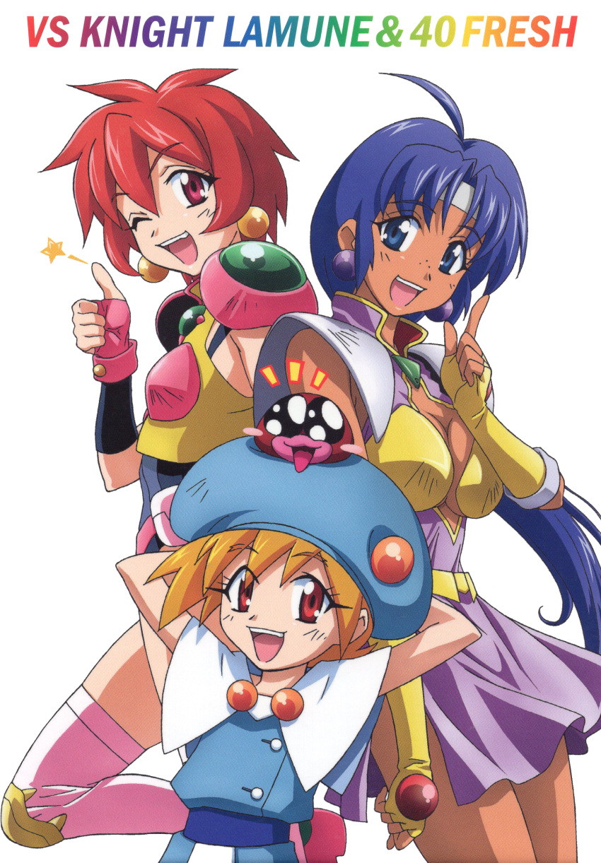 1990s_(style) 3girls ahoge arms_behind_head arms_up bangs blonde_hair blue_eyes blue_hair blush_stickers breasts cacao_(lamune) copyright_name dark-skinned_female dark_skin earrings eyebrows_visible_through_hair fingerless_gloves gloves hat headband height_difference highres index_finger_raised jewelry large_breasts lemon_(vs_knight_lamune_&amp;_40_fresh) long_hair looking_at_viewer multiple_girls official_art open_mouth parfait_(lamune) pq_(lamune) red_eyes red_hair retro_artstyle scan short_hair simple_background vs_knight_lamune_&amp;_40_fresh white_background