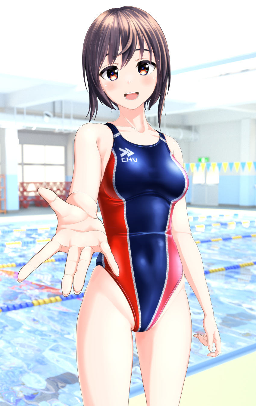 1girl absurdres blue_swimsuit brown_hair clothes_writing commentary_request competition_swimsuit cowboy_shot foreshortening highleg highleg_swimsuit highres indoors lane_line multicolored_clothes multicolored_swimsuit one-piece_swimsuit original pool red_eyes short_hair smile solo string_of_flags swimsuit takafumi