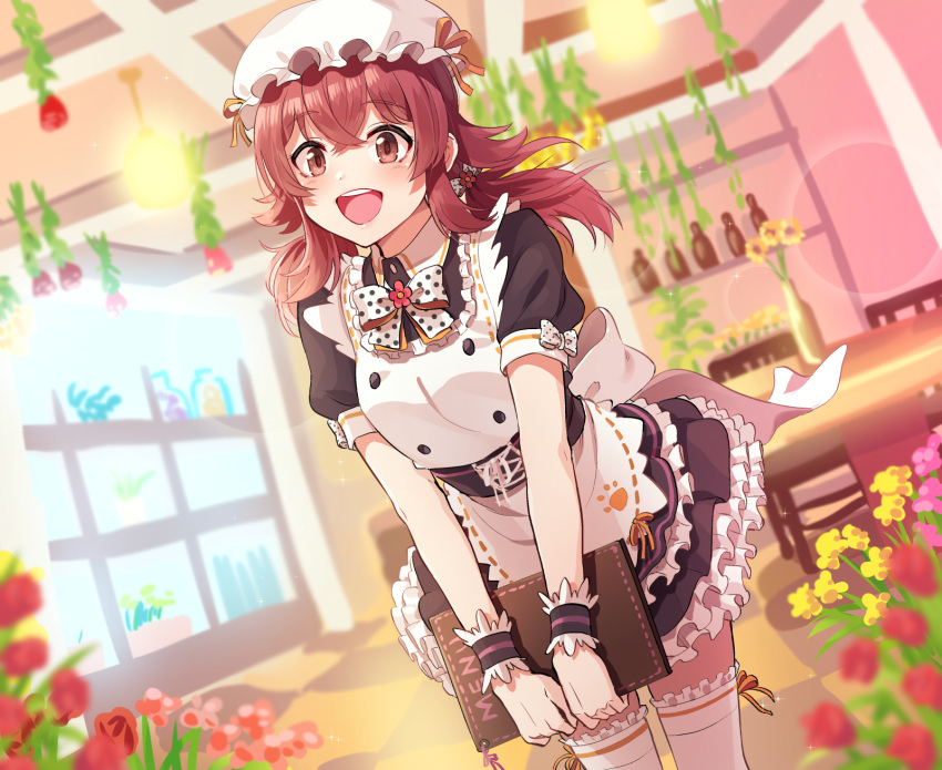 1girl :d apron back_bow bangs black_dress bow bowtie closed_mouth collared_dress dress dutch_angle eyebrows_visible_through_hair frilled_cuffs frilled_dress frilled_legwear frills hat highres holding holding_menu idolmaster idolmaster_shiny_colors indoors kamille_(vcx68) komiya_kaho leaning_forward long_hair looking_at_viewer maid_apron menu mob_cap open_mouth pinafore_dress puffy_short_sleeves puffy_sleeves red_eyes red_hair short_dress short_sleeves smile solo standing thighhighs waitress white_apron white_bow white_headwear white_legwear white_neckwear