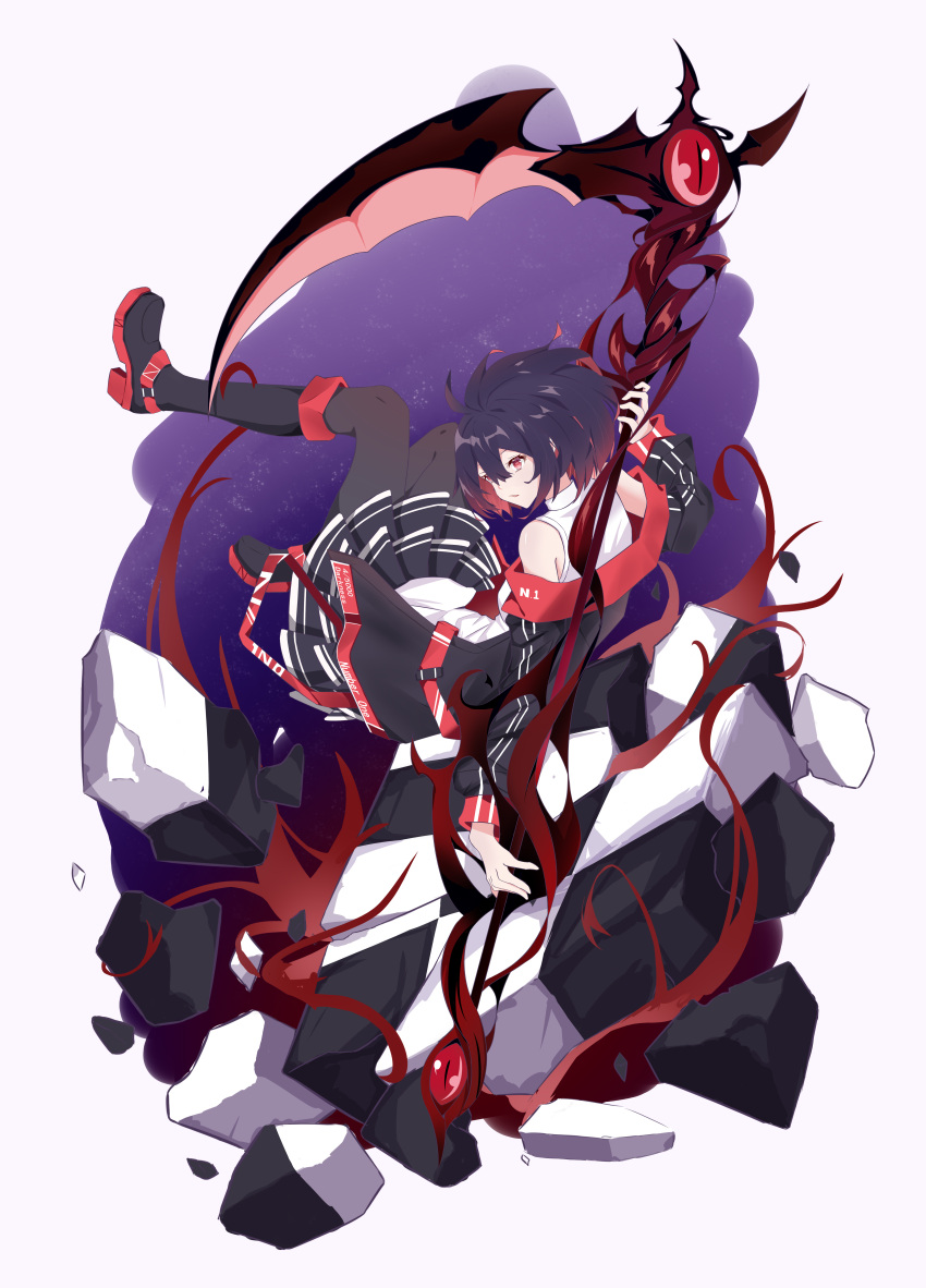 1girl :o absurdres antenna_hair back bangs black_footwear black_jacket black_skirt boots casual full_body hair_between_eyes highres holding holding_scythe holding_weapon honkai_(series) honkai_impact_3rd jacket lavender_background leggings long_sleeves looking_at_viewer looking_back open_mouth red_eyes red_hair rubble scythe seele_(alter_ego) seele_vollerei shirt short_hair skirt sleeveless solo sozha weapon white_shirt