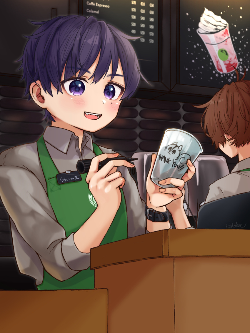 brick_wall brown_hair cafe glasses hatoka_ra5 highres male_focus menu_board multiple_boys niconico open_mouth pen purple_eyes purple_hair shima_(niconico) short_hair smile starbucks table urashimasakatasen uratanuki utaite_(singer) wall