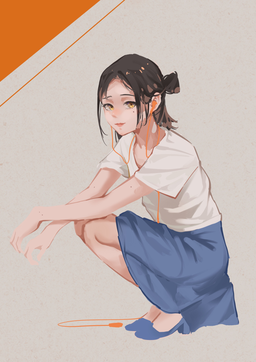1girl absurdres blue_footwear blue_skirt brown_hair chinese_commentary closed_mouth commentary_request earbuds earphones full_body grey_background hair_bun highres lips long_hair medium_hair mole mole_on_arm mole_under_eye mudined orange_background original shirt short_sleeves skirt solo squatting white_shirt yellow_eyes