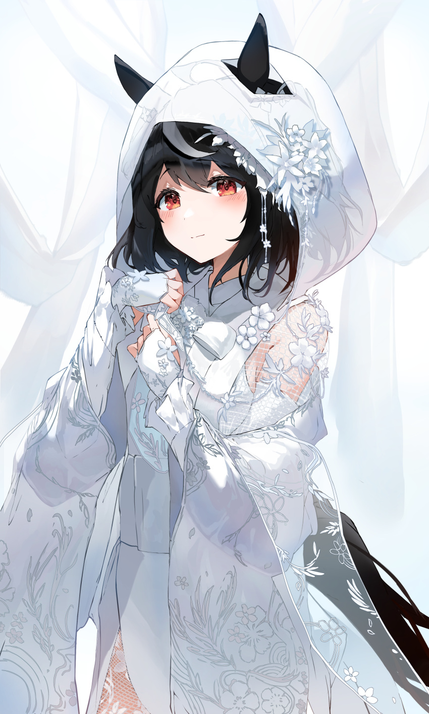 1girl absurdres animal_ears bangs black_hair closed_mouth commentary cowboy_shot ears_through_headwear fingerless_gloves floral_print flower gloves hair_between_eyes hands_up highres hood hood_up horse_ears horse_girl horse_tail japanese_clothes kabedoru kimono kitasan_black_(umamusume) long_sleeves looking_at_viewer red_eyes shiromuku short_hair solo standing tail uchikake umamusume white_flower white_gloves white_theme