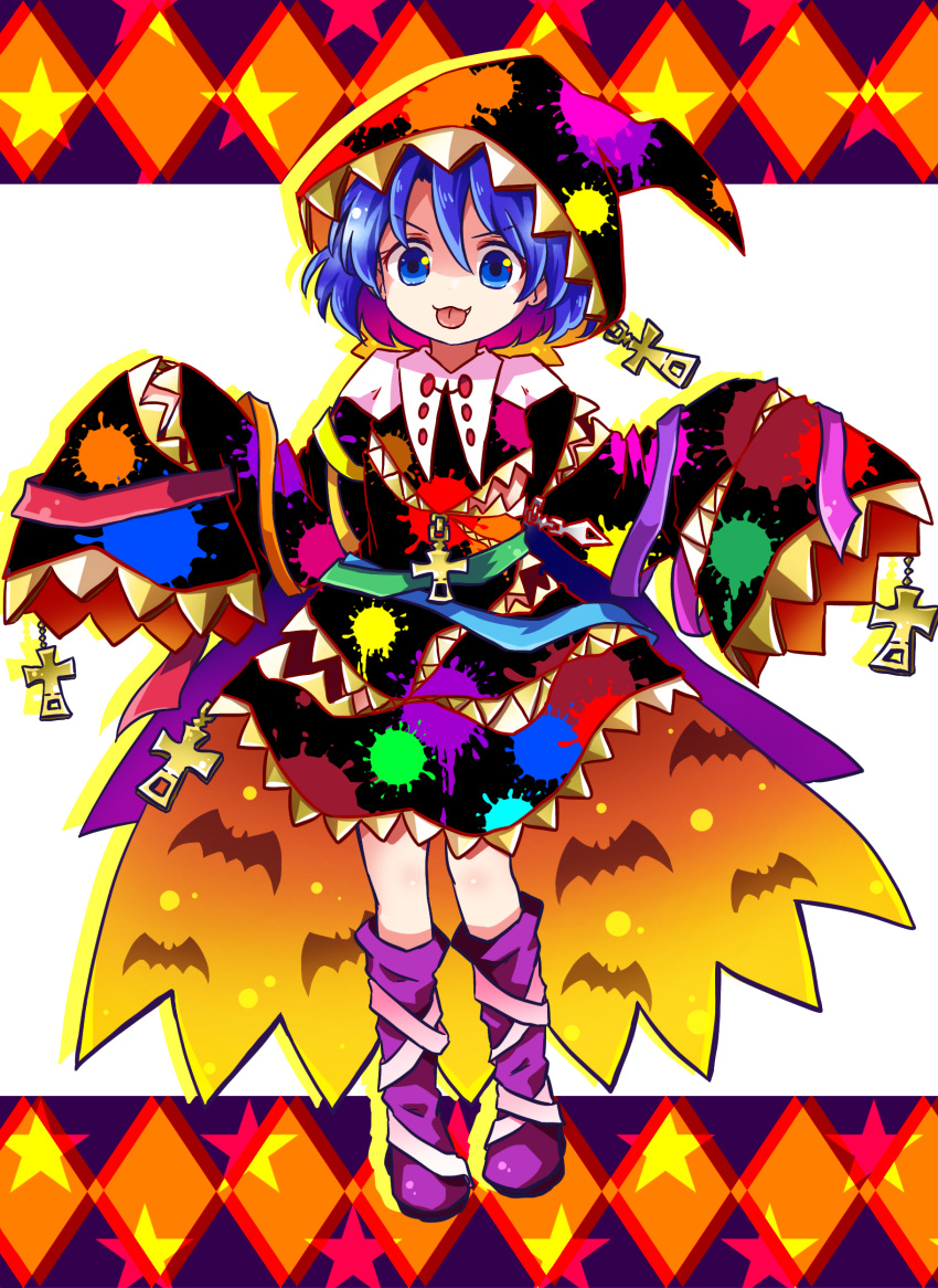 1girl :3 :p absurdres alternate_costume animal_print bangs bat_print blue_eyes blue_hair boots colored_inner_hair commentary full_body hair_between_eyes halloween_costume hat highres looking_at_viewer multicolored_hair paint_splatter pink_hair pote_(ptkan) purple_footwear short_hair sleeves_past_fingers sleeves_past_wrists solo tenkyuu_chimata tongue tongue_out touhou two-tone_hair very_long_sleeves wide_sleeves zipper