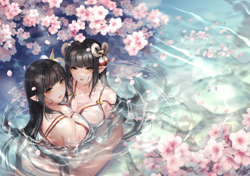 2girls bell black_hair breasts cherry_blossoms cleavage flowers hinoa minoto monster_hunter petals pointed_ears see_through sha twins water yellow_eyes