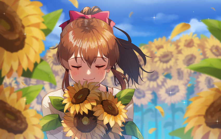 1girl bangs blue_sky blurry blurry_background blurry_foreground bow bra_strap brown_hair closed_eyes closed_mouth day eyebrows_visible_through_hair facing_viewer flower hair_bow holding holding_flower idolmaster idolmaster_million_live! kamille_(vcx68) medium_hair outdoors ponytail red_bow satake_minako shirt sky smile solo sunflower white_shirt