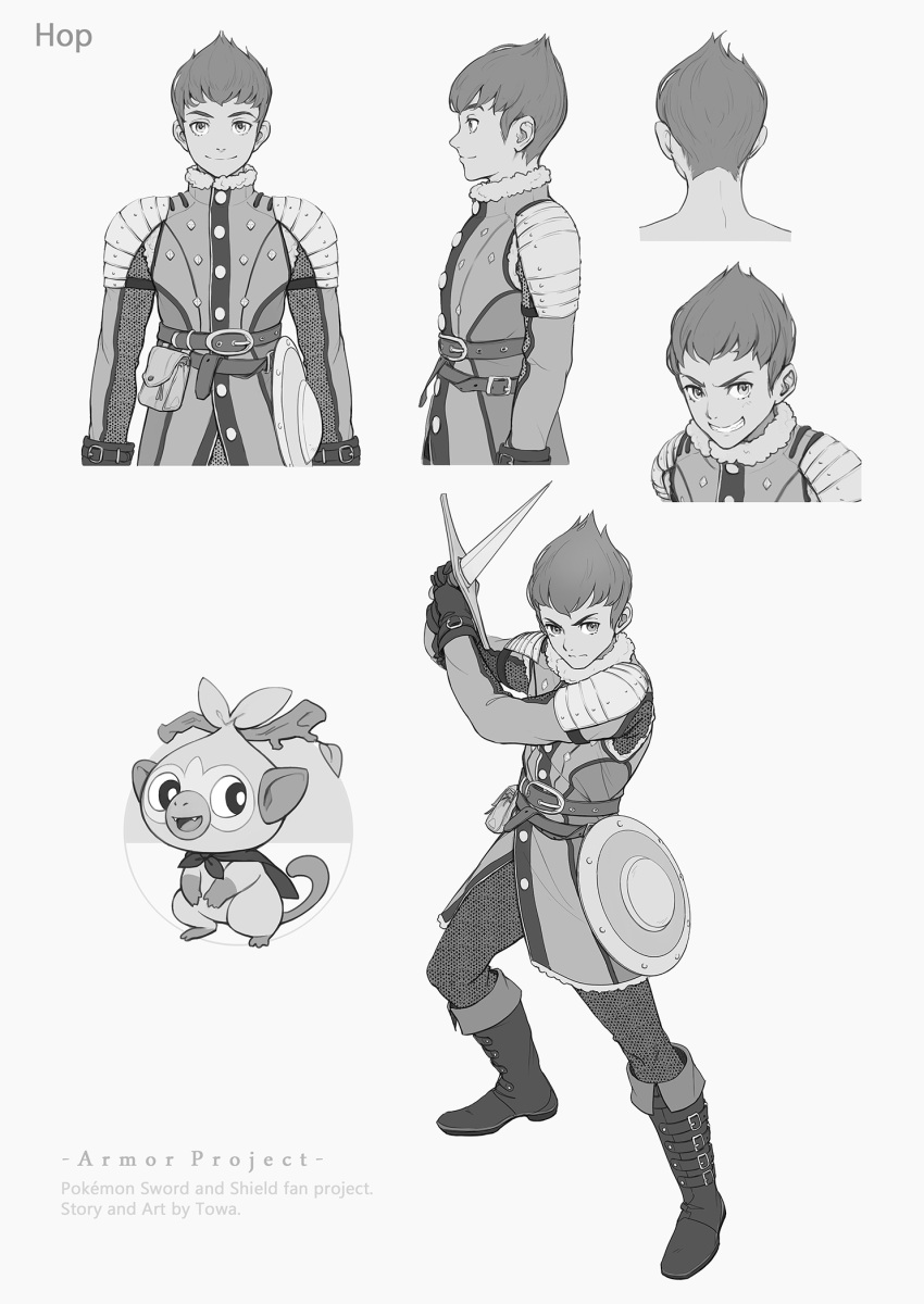 1boy alternate_costume armor bangs belt boot_straps boots buttons chainmail character_name closed_mouth commentary copyright_name fighting_stance gen_8_pokemon gloves greyscale grin grookey highres holding holding_sword holding_weapon hop_(pokemon) kazuko_(towa) legs_apart male_focus monochrome multiple_views pokemon pokemon_(creature) pokemon_(game) pokemon_swsh pouch shield short_hair shoulder_armor simple_background smile standing stick studs sword teeth weapon white_background