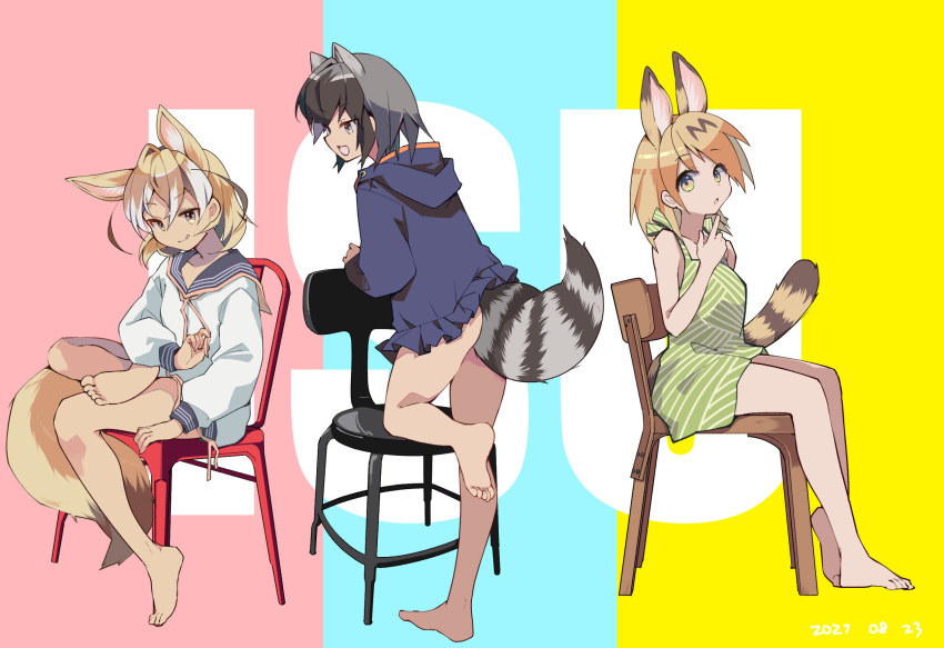 3girls :q alternate_costume animal_ears ass bare_arms bare_legs bare_shoulders barefoot black_hair blonde_hair blue_hoodie brown_hair casual cat_ears cat_girl cat_tail chair common_raccoon_(kemono_friends) dated drawstring dress extra_ears eyebrows_visible_through_hair fang fennec_(kemono_friends) finger_to_mouth flat_ass fox_ears fox_girl fox_tail frills full_body green_dress grey_eyes grey_hair hair_between_eyes hand_up highres hood hood_down hoodie kemono_friends long_sleeves looking_at_viewer multicolored_hair multiple_girls nanana_(nanana_iz) no_pants open_mouth orange_hair raccoon_ears raccoon_girl raccoon_tail sailor_collar serval_(kemono_friends) shirt short_dress short_hair sidelocks sitting sleeveless sleeveless_dress smile soles standing standing_on_one_leg striped striped_dress striped_tail tail toes tongue tongue_out two-tone_hair white_hair yellow_eyes