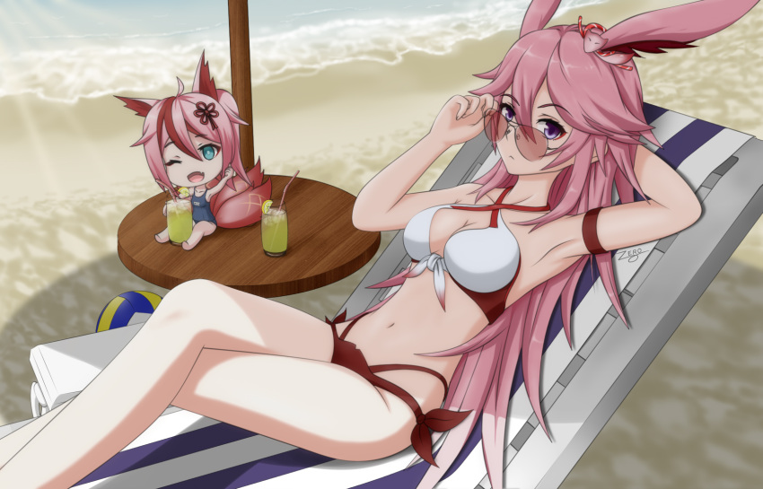 2girls :&lt; :d adjusting_eyewear animal_ears antenna_hair arm_behind_head armpits aviator_sunglasses bangs beach beach_chair beach_umbrella bikini blue_eyes blue_swimsuit breasts chibi cleavage closed_mouth crossed_legs cup drink drinking_straw fang food fox_ears fox_girl fox_tail fruit full_body hair_between_eyes hair_ornament highres higokumaru holding holding_eyewear honkai_(series) honkai_impact_3rd lemon long_hair looking_at_viewer looking_over_eyewear multicolored_hair multiple_girls navel ocean one-piece_swimsuit one_eye_closed open_mouth outdoors pink-tinted_eyewear pink_hair purple_eyes sand sitting smile streaked_hair sunglasses swimsuit table tail tinted_eyewear umbrella waves waving yae_sakura zero_(73ro)