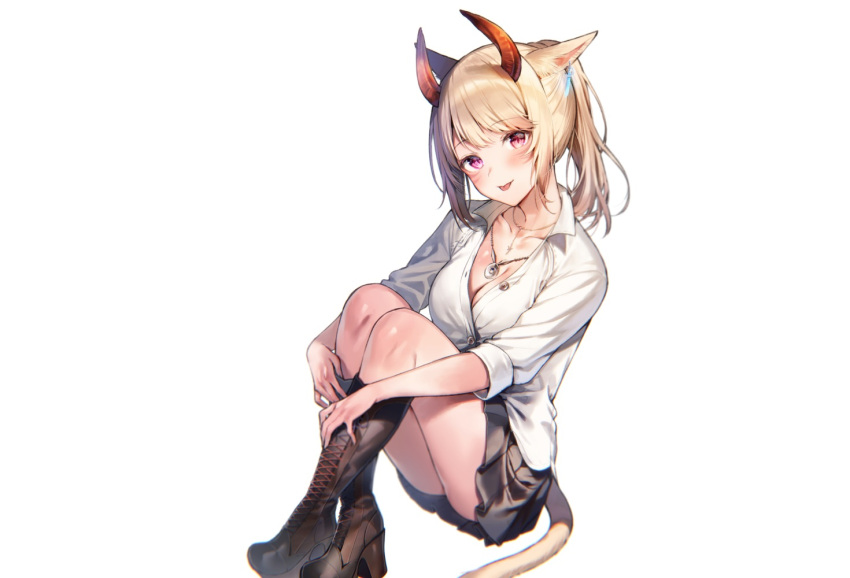 animal_ears bicolored_eyes blonde_hair blush boots breasts catgirl cleavage final_fantasy final_fantasy_xiv horns midorikawa_you miqo'te necklace ponytail school_uniform shirt skirt tail white