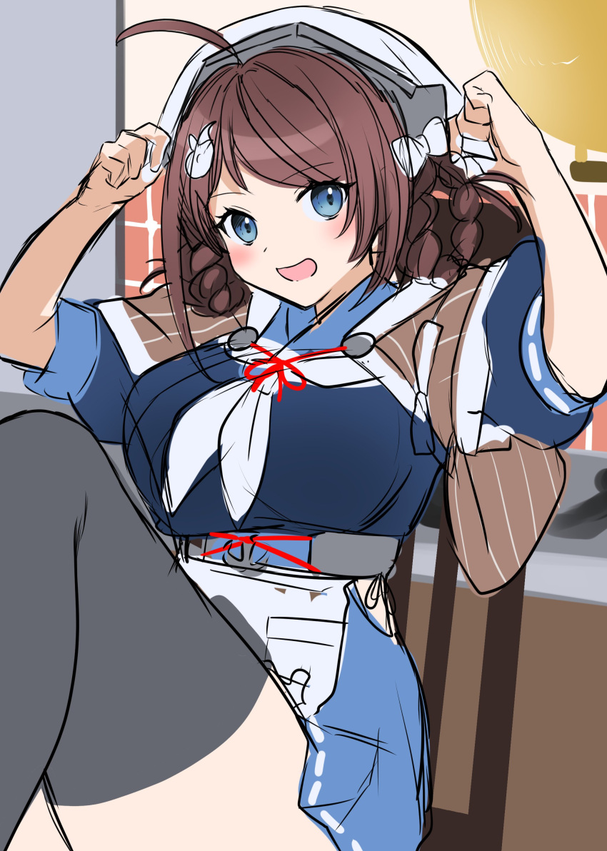 1girl absurdres ahoge bandana bangs black_legwear blue_eyes blue_sailor_collar blue_skirt blush braid breasts brown_hair brown_shawl chougei_(kancolle) eyebrows_visible_through_hair hair_ornament hair_rings highres hip_vent kantai_collection large_breasts open_mouth sailor_collar shawl short_sleeves sketch skirt solo thighhighs white_headwear white_neckwear yunamaro