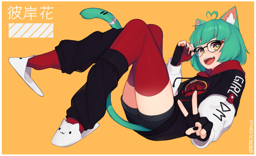 1girl :d ahoge animal_ears animal_slippers black-framed_eyewear black_gloves black_nails black_shorts border bright_pupils cat_ears cat_slippers cat_tail fingerless_gloves fingernails girl_dm glasses gloves heart_ahoge highres hood hood_down hoodie indie_virtual_youtuber leg_warmers looking_at_viewer medium_hair multicolored multicolored_nails nail_art nail_polish open_mouth red_legwear short_shorts shorts simple_background slippers smile solo tail tail_ornament tail_ring thighhighs v white_border white_pupils yellow_background yellow_eyes yoako