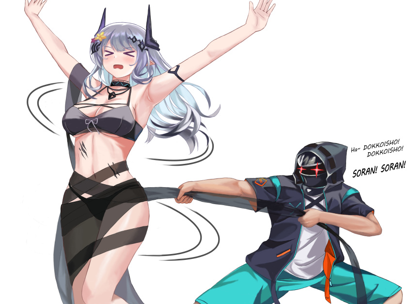 &gt;_&lt; 1boy 1girl absurdres arknights armpits arms_up bangs bare_arms bare_shoulders bikini black_bikini black_choker black_jacket blue_shorts breasts brz choker cleavage commentary doctor_(arknights) english_commentary highres hood hooded_jacket horns jacket jewelry large_breasts long_hair male_doctor_(arknights) mudrock_(arknights) mudrock_(silent_night)_(arknights) navel necklace open_mouth oripathy_lesion_(arknights) pointy_ears shirt shorts silver_hair simple_background standing stomach swimsuit thighs white_background white_shirt
