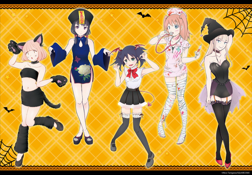 animal_ears bandages blood chinadress halloween heels katou_asuka kuroki_tomoko nekomimi nemoto_hina no_bra nurse stockings tagme tail tamura_yuri tanigawa_niko thighhighs uchi_emiri watashi_ga_motenai_no_wa_dou_kangaetemo_omaera_ga_warui! witch