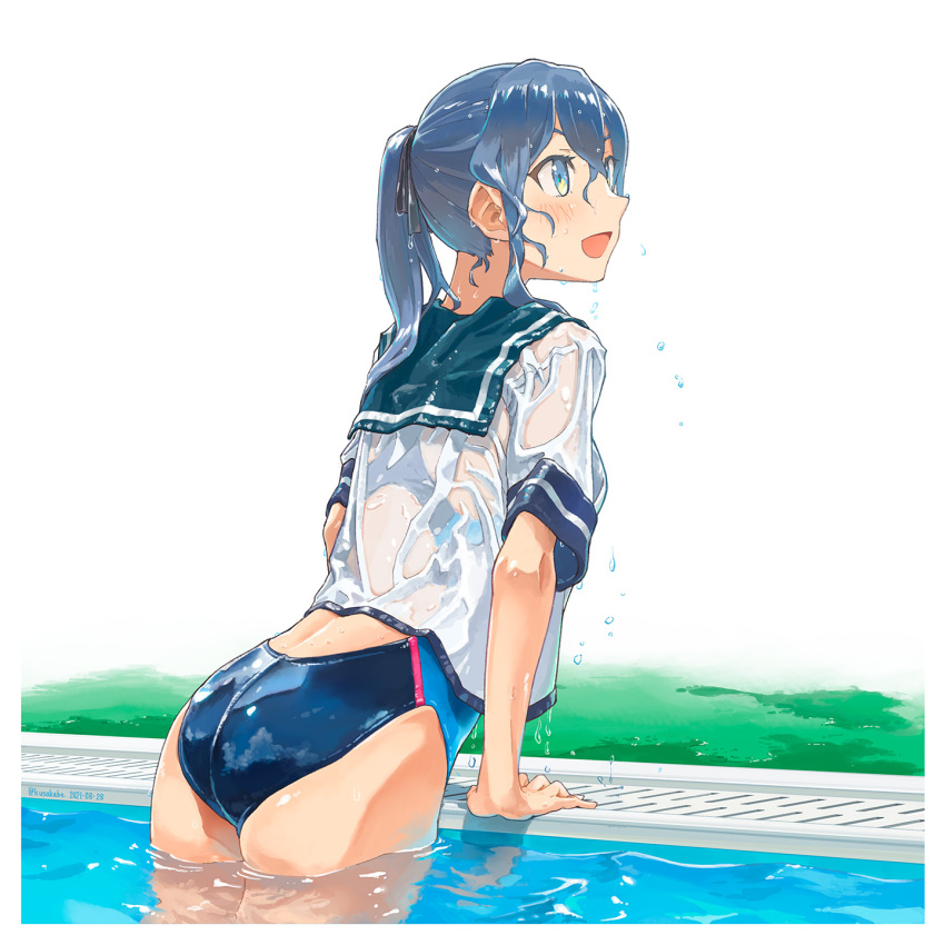 1girl blue_eyes blue_hair blush competition_swimsuit gotland_(kancolle) hair_between_eyes highres kantai_collection kusakabe_(kusakabeworks) medium_hair one-piece_swimsuit open_mouth partially_submerged ponytail pool school_uniform serafuku shiny shiny_clothes shiny_swimsuit short_sleeves solo swimsuit swimsuit_under_clothes water wet wet_clothes