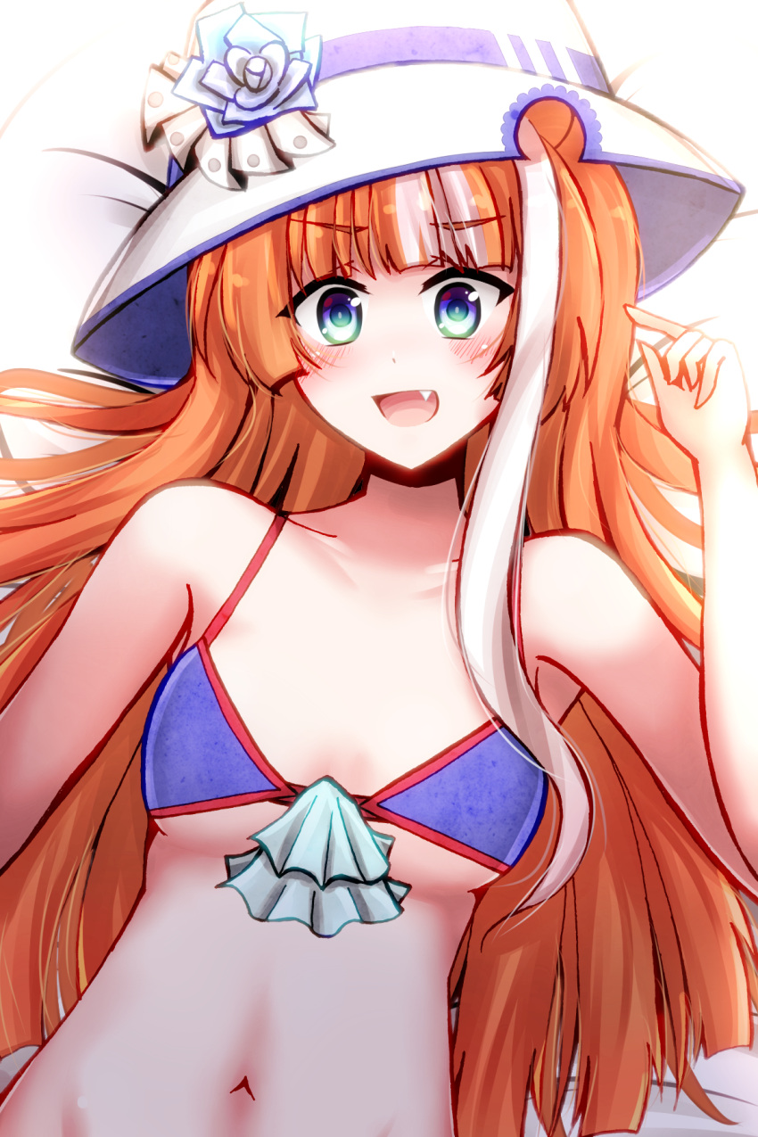 1girl akikawa_yayoi_(umamusume) bed blue_eyes blush breasts closed_mouth commentary_request fang hat hatsuneriku highres looking_at_viewer lying multicolored_hair navel open_mouth orange_hair small_breasts solo swimsuit umamusume