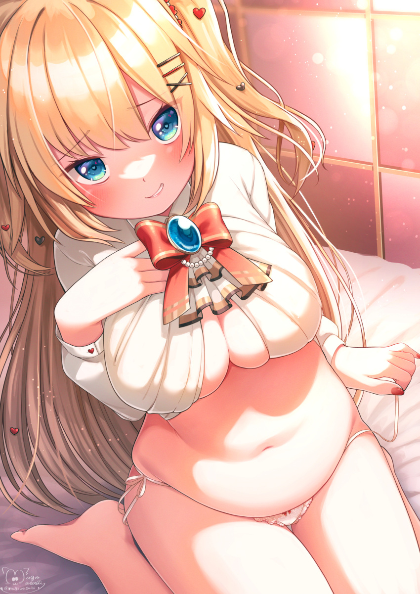 1girl akai_haato ascot bangs barefoot blonde_hair blue_eyes blush bow bowtie breasts cleavage commentary_request crop_top eyebrows_visible_through_hair hair_ornament hand_on_own_chest hand_up heart heart_hair_ornament highres holding_strap hololive indoors large_breasts light_particles long_hair long_sleeves looking_at_viewer magowasabi nail_polish navel on_bed panties parted_lips red_bow red_nails red_neckwear shirt side-tie_panties signature sitting smile solo stomach twitter_username two_side_up underwear untied untied_panties very_long_hair virtual_youtuber wariza white_neckwear white_panties white_shirt x_hair_ornament