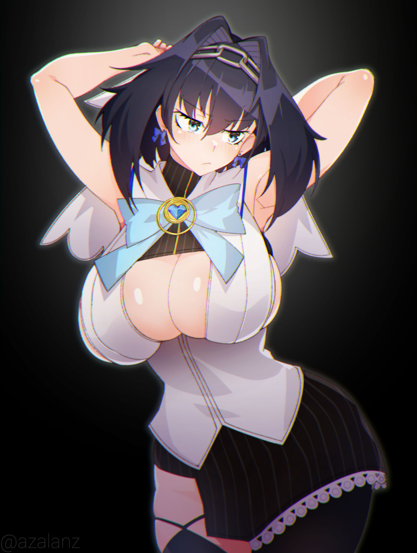 1girl absurdres armpits arms_behind_head black_background black_hair blue_eyes bow bow_earrings breasts chain closed_mouth clothing_cutout earrings eyebrows_visible_through_hair hair_between_eyes highres hololive hololive_english jewelry large_breasts looking_to_the_side ouro_kronii short_hair simple_background solo tilt-shift underboob underboob_cutout virtual_youtuber