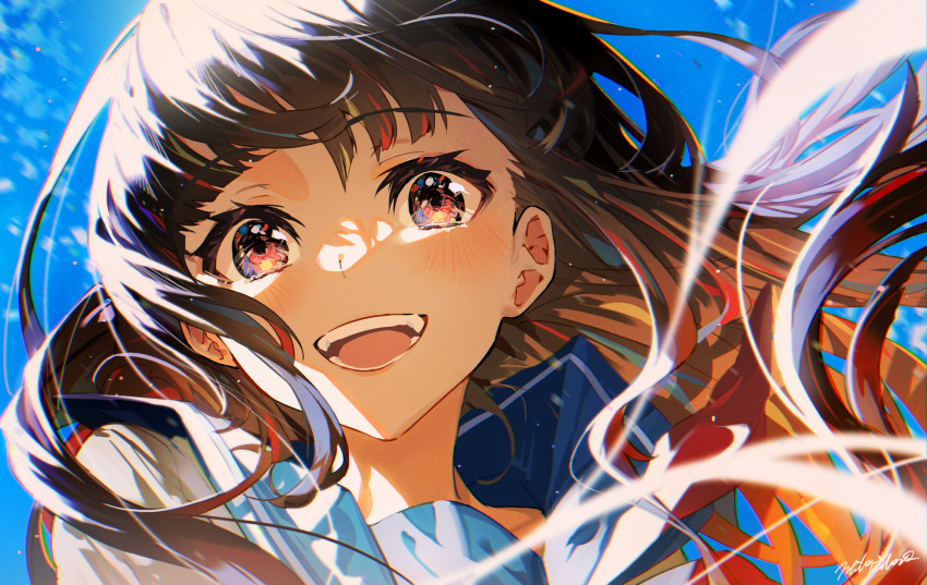 1girl black_hair blue_background blue_sailor_collar commentary_request eyebrows_visible_through_hair face floating_hair highres light_blush light_particles long_hair mika_pikazo open_mouth original pink_eyes portrait sailor_collar school_uniform serafuku signature smile solo teeth