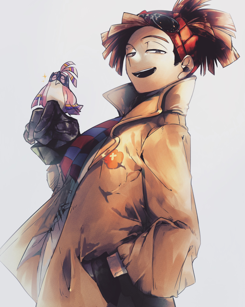 1boy 1other :d absurdres bandana bird bird_on_hand blue_neckwear boku_no_hero_academia brown_hair clover_print coat eyewear_on_head gloves grey_eyes hand_in_pocket highres looking_at_viewer male_focus mask multicolored_neckwear nakawo_777 necktie open_mouth pino red_neckwear rody_soul shirt simple_background smile sparkle spiked_hair standing sunglasses teeth white_background white_shirt