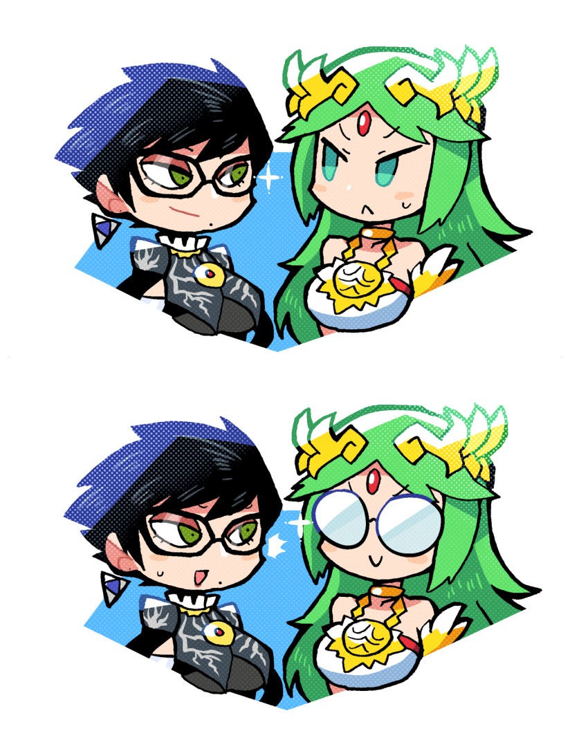 &gt;:) 2girls :&lt; :d bayonetta bayonetta_(series) bayonetta_2 bespectacled black-framed_eyewear black_hair blush_stickers closed_mouth crown earrings eye_contact forehead_jewel glasses green_eyes green_hair halftone highres jewelry kid_icarus long_hair looking_at_another lying mole mole_under_mouth multiple_girls on_back open_mouth palutena rariatto_(ganguri) round_eyewear short_hair smile super_smash_bros. sweat v-shaped_eyebrows